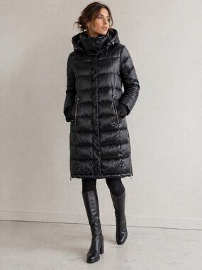 Steve Madden Satin Black Long Puffer Coat Hood S Tall Mock Neck Quilted Silver